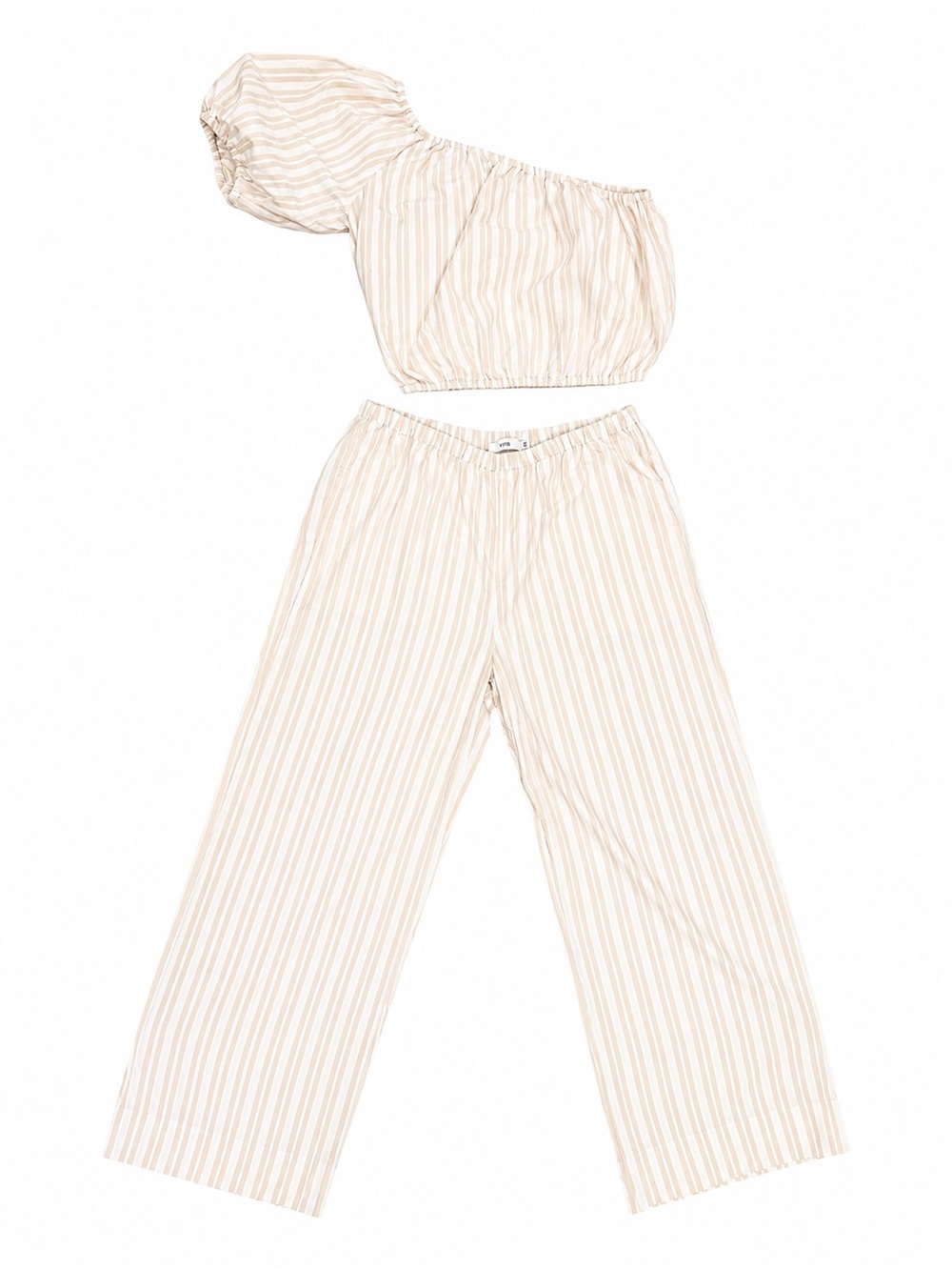 Onia Cream & Tan Striped One-Shoulder Poplin Top with Wide-Leg Pant Set